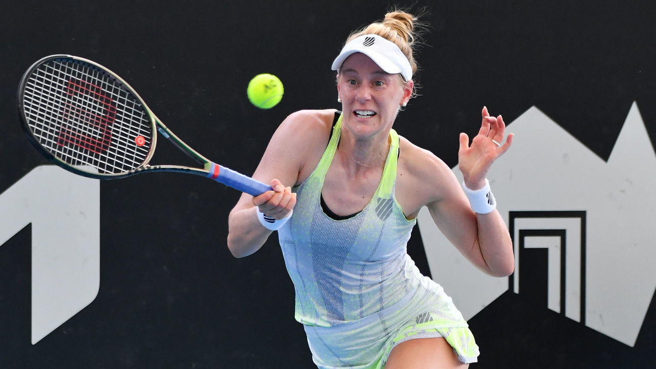 ADELAIDE, AUSTRALIA - JANUARY 10: Alison Riske of USA hits a forehand in her match against Magda Linette of Poland during day two of the 2022 Adelaide International at Memorial Drive on January 10, 2022 in Adelaide, Australia.