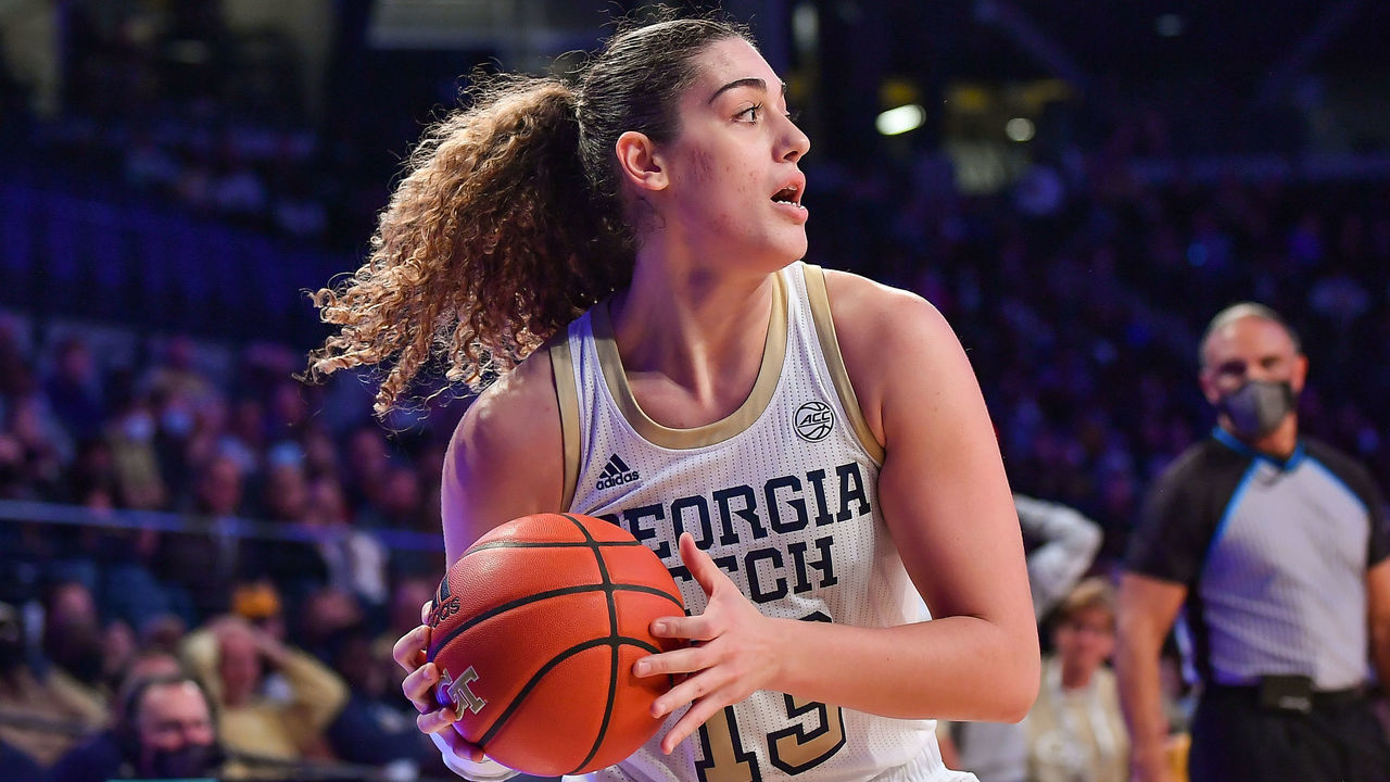 ATLANTA, GA DECEMBER 05: Georgia Tech forward Lorela Cubaj (13) looks to pass the ball during the college basketball game between the UConn Huskies and the Georgia Tech Yellow Jackets on December 9th, 2021 at Hank McCamish Pavilion in Atlanta, GA.