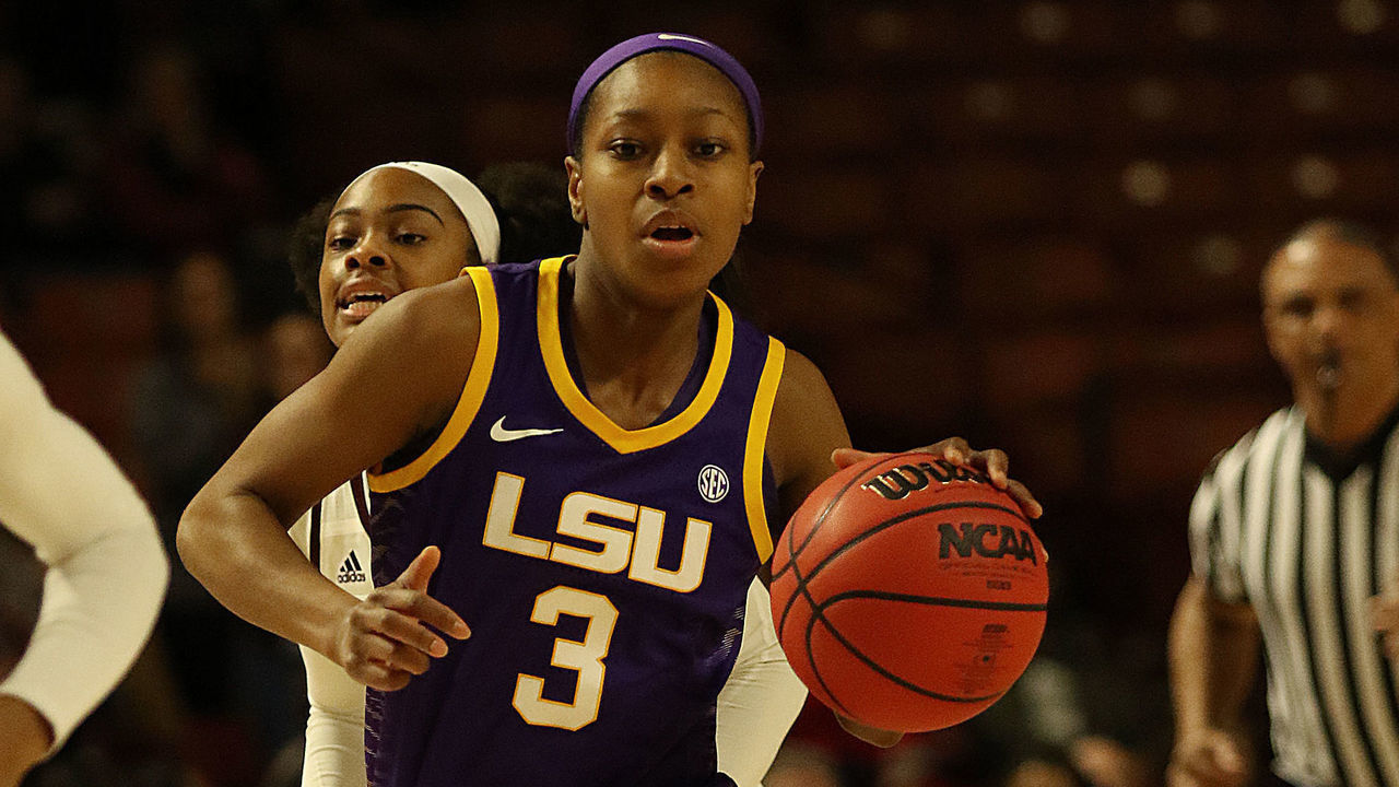 GREENVILLE, SC - MARCH 06: Khayla Pointer (3) of LSU during the SEC Women's College basketball tournament game between the LSU Tigers and the Mississippi State Bulldogs on March 6, 2020, at Bon Secours Wellness Arena in Greenville, S.C.