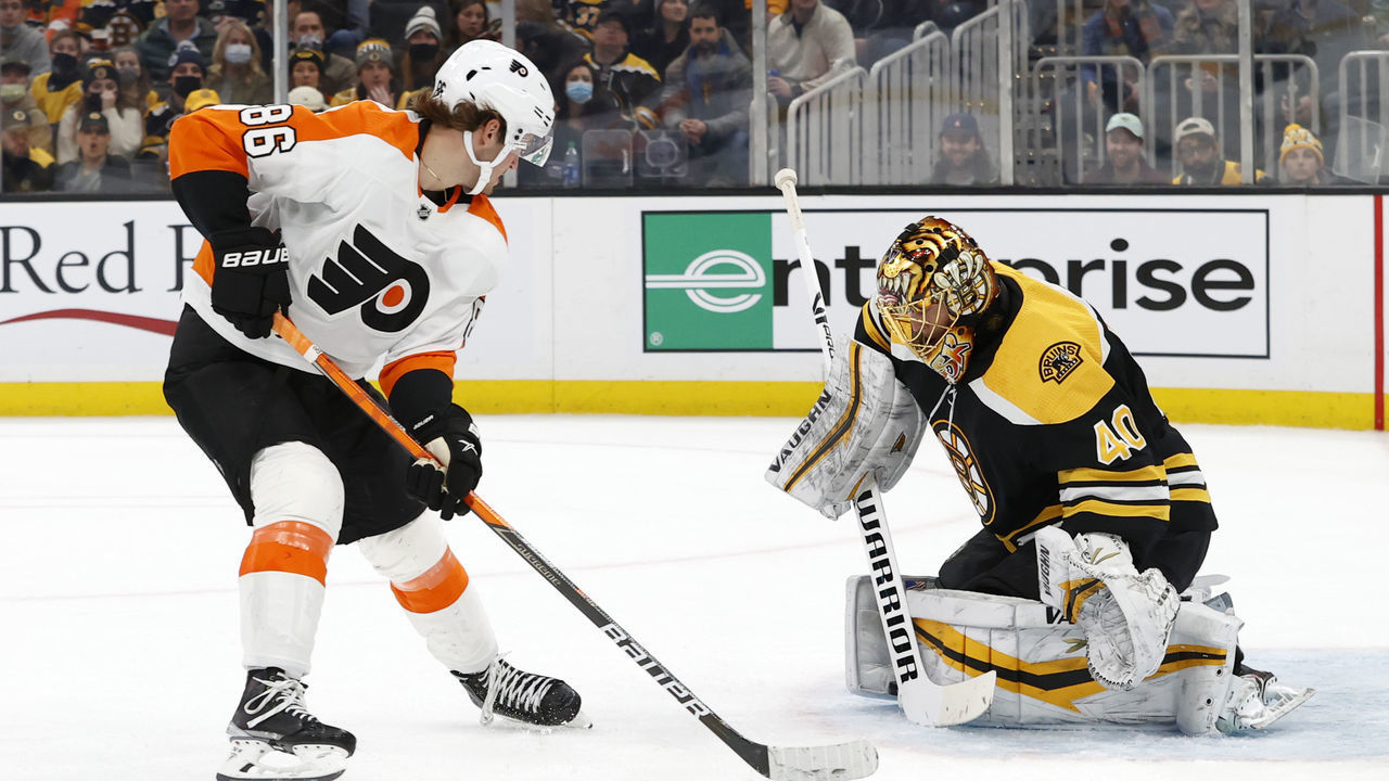 BOSTON, MA - JANUARY 13: Boston Bruins goalie Tuukka Rask (40) stops the breakaway from Philadelphia Flyers left wing Joel Farabee (86) during a game between the Boston Bruins and the Philadelphia Flyers on January 13, 2022, at TD Garden in Boston, Massachusetts.