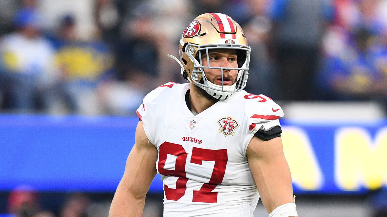 INGLEWOOD, CA - JANUARY 09: San Francisco 49ers Defensive End Nick Bosa (97) looks on during the NFL game between the San Francisco 49ers and the Los Angeles Rams on January 9, 2022, at SoFi Stadium in Inglewood, CA.