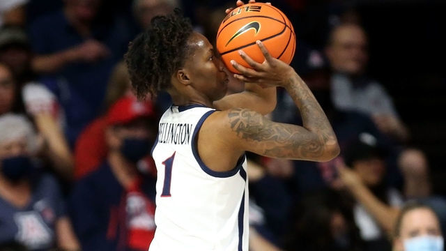 TUCSON, AZ - NOVEMBER 19: University of Arizona Wildcats guard #1 Shaina Pellington during a women's basketball game between the Marist College Red Foxes and the University of Arizona Wildcats on November 19, 2021 at McKale Center in Tucson, AZ.