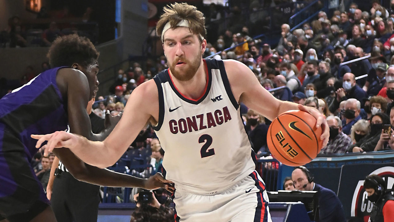 SPOKANE, WA - DECEMBER 28: Drew Timme #2 of the Gonzaga Bulldogs drives to the baseline during the second half of the game against the North Alabama Lions at McCarthey Athletic Center on December 28, 2021 in Spokane, Washington.