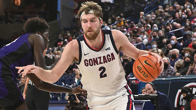 SPOKANE, WA - DECEMBER 28: Drew Timme #2 of the Gonzaga Bulldogs drives to the baseline during the second half of the game against the North Alabama Lions at McCarthey Athletic Center on December 28, 2021 in Spokane, Washington.