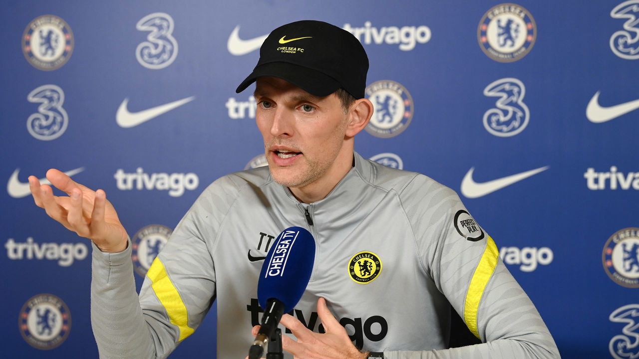 COBHAM, ENGLAND - JANUARY 14: Manager Thomas Tuchel of Chelsea attends a press conference at Chelsea Training Ground on January 14, 2022 in Cobham, England.