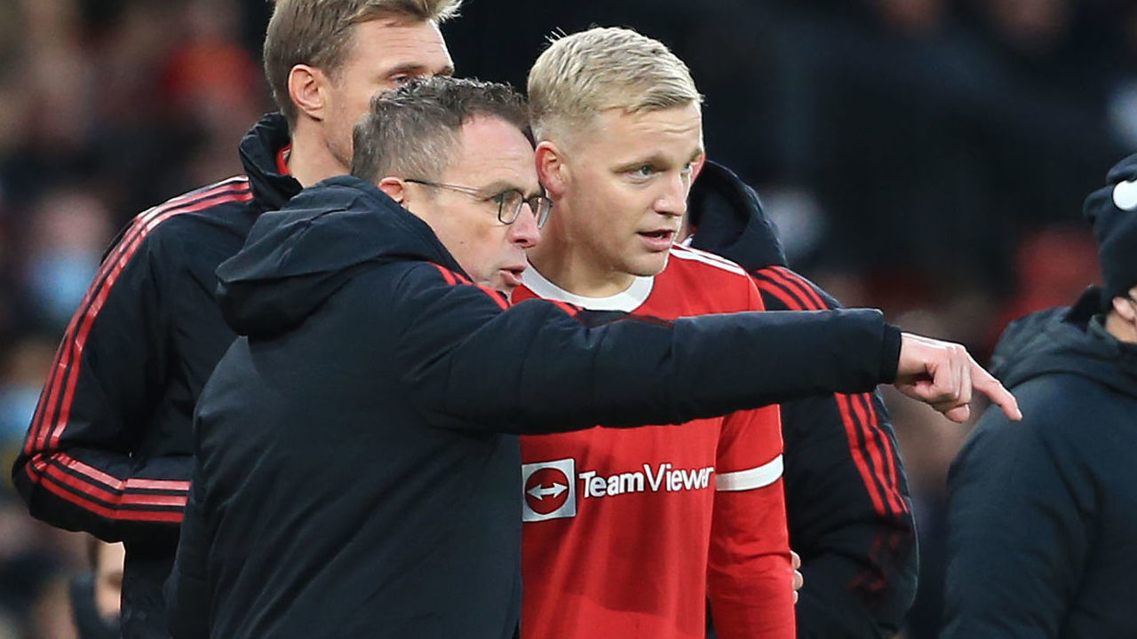 MANCHESTER, ENGLAND - DECEMBER 05: Manchester United interim manager Ralf Rangnick issues instructions to substitute Donny van de Beek of Manchester United during the Premier League match between Manchester United and Crystal Palace at Old Trafford on December 5, 2021 in Manchester, England.