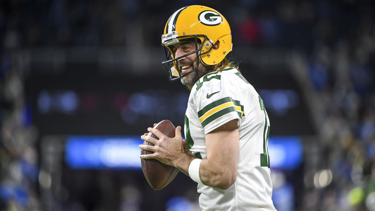 DETROIT, MICHIGAN - JANUARY 09: Aaron Rodgers #12 of the Green Bay Packers warms up before the game against the Detroit Lions at Ford Field on January 09, 2022 in Detroit, Michigan.
