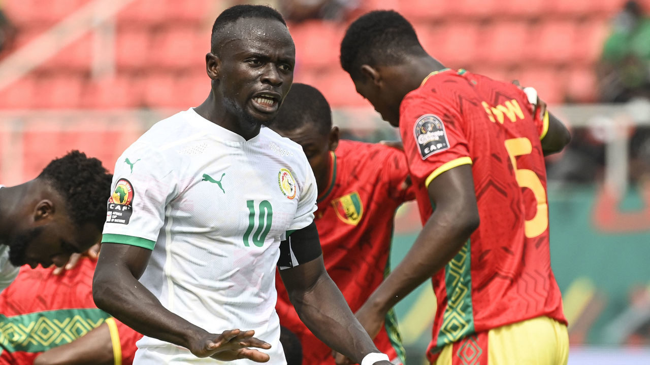 Senegal's forward Sadio Mane reacts during the Group B Africa Cup of Nations (CAN) 2021 football match between Senegal and Guinea at Stade de Kouekong in Bafoussam on January 14, 2022.