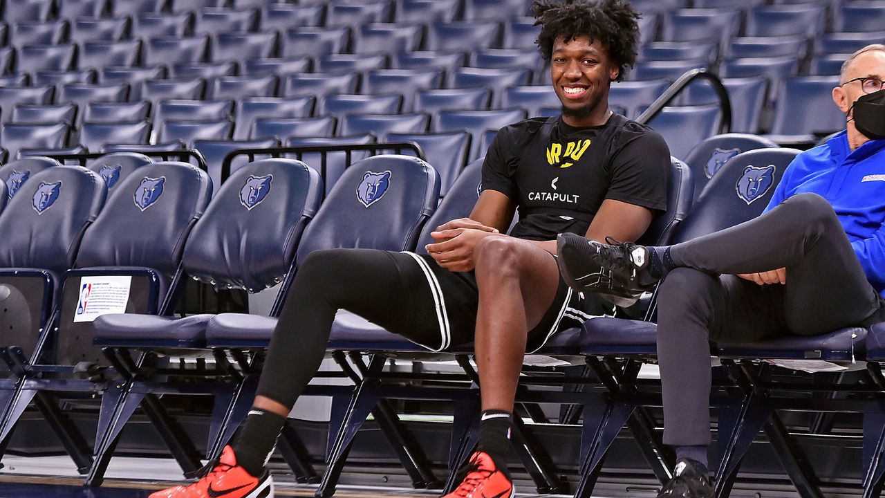 MEMPHIS, TENNESSEE - JANUARY 11: James Wiseman #33 of the Golden State Warriors reacts before the game against the Memphis Grizzlies at FedExForum on January 11, 2022 in Memphis, Tennessee. User expressly acknowledges and agrees that, by downloading and or using this photograph, User is consenting to the terms and conditions of the Getty Images License Agreement.