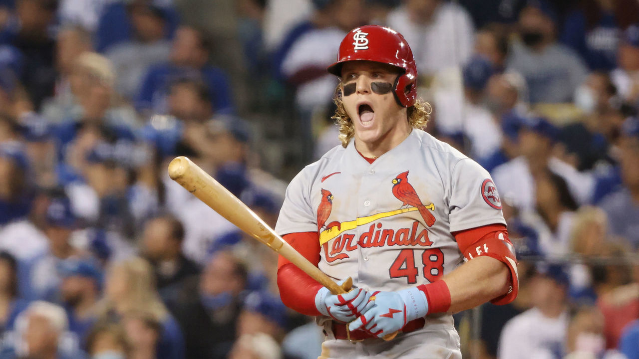 LOS ANGELES, CALIFORNIA - OCTOBER 06: Harrison Bader #48 of the St. Louis Cardinals reacts as he bats in the fourth inning against the Los Angeles Dodgers during the National League Wild Card Game at Dodger Stadium on October 06, 2021 in Los Angeles, California.