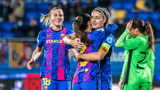 BARCELONA, SPAIN - 2021/12/15: Alexia Putellas (R2), and Jana Fernandez (L2) of FC Barcelona celebrate after scoring a goal during the UEFA Women's Champions League match between FC Barcelona Femeni and HB Koge Kvindeelite at Johan Cruyff Stadium. Final score; FC Barcelona Femeni 5:0 HB Koge Kvindeelite.