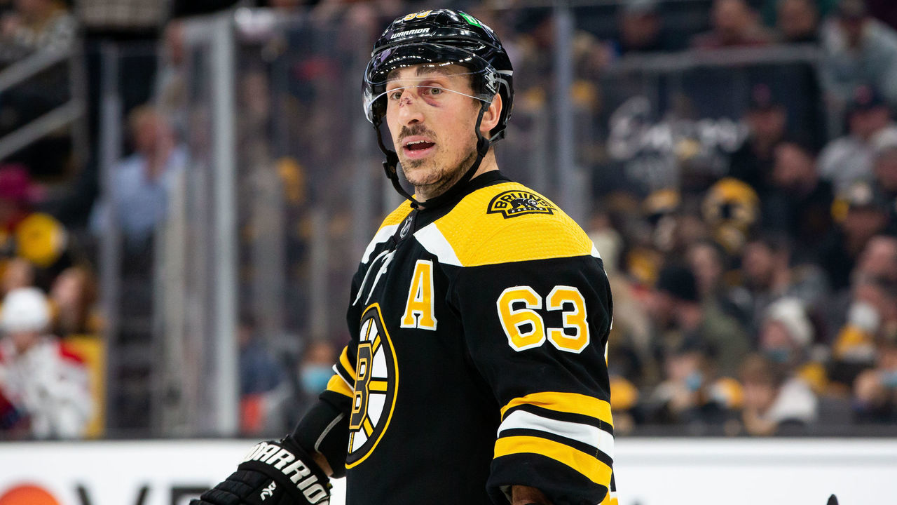 BOSTON, MA - JANUARY 12: Brad Marchand #63 of the Boston Bruins skates against the Montreal Canadiens during the second period at the TD Garden on January 12, 2022 in Boston, Massachusetts. The Bruins won 5-1 and Marchand had three goals in the game.