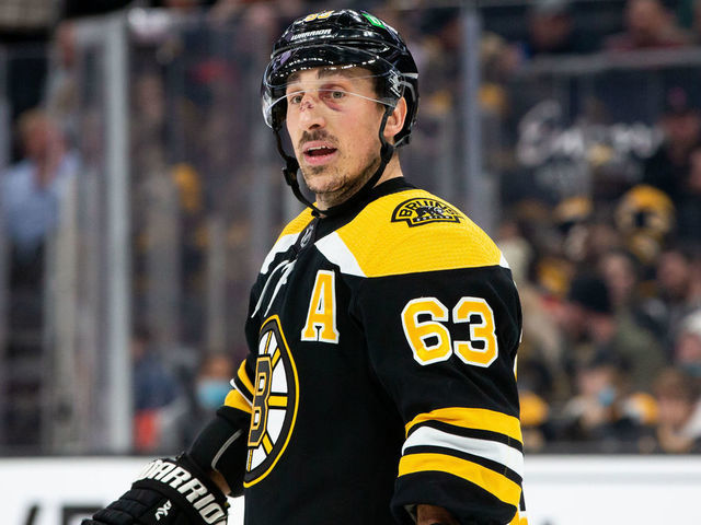 BOSTON, MA - JANUARY 12: Brad Marchand #63 of the Boston Bruins skates against the Montreal Canadiens during the second period at the TD Garden on January 12, 2022 in Boston, Massachusetts. The Bruins won 5-1 and Marchand had three goals in the game.