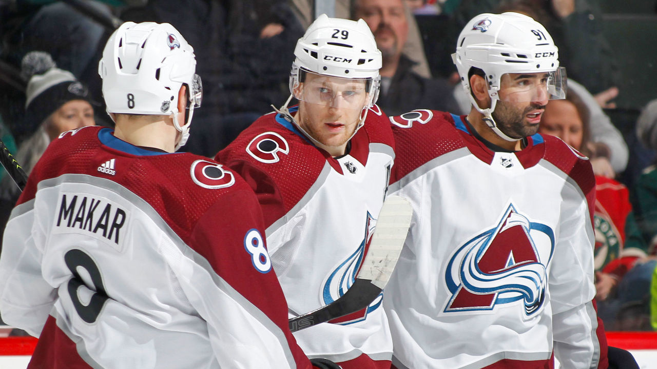 SAINT PAUL, MN - FEBRUARY 9: Nathan MacKinnon #29 celebrates his goal with teammates Nazem Kadri #91 and Cale Makar #8 of the Colorado Avalanche against the Minnesota Wild during the game at the Xcel Energy Center on February 9, 2020 in Saint Paul, Minnesota.