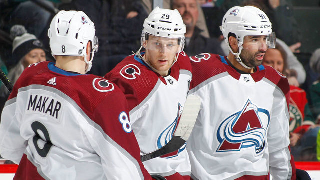 SAINT PAUL, MN - FEBRUARY 9: Nathan MacKinnon #29 celebrates his goal with teammates Nazem Kadri #91 and Cale Makar #8 of the Colorado Avalanche against the Minnesota Wild during the game at the Xcel Energy Center on February 9, 2020 in Saint Paul, Minnesota.