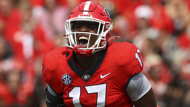 ATHENS, GA - OCTOBER 02: Nakobe Dean #17 of the Georgia Bulldogs reacts in the second half against the Arkansas Razorbacks at Sanford Stadium on October 2, 2021 in Athens, Georgia.