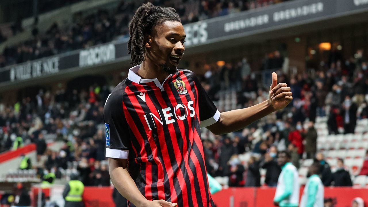 Nice's French midfielder Khephren Thuram celebrates after scoring a goal during the French L1 football match between OGC Nice and FC Nantes at the Allianz Riviera stadium in Nice, southeastern France, on January 14, 2022.