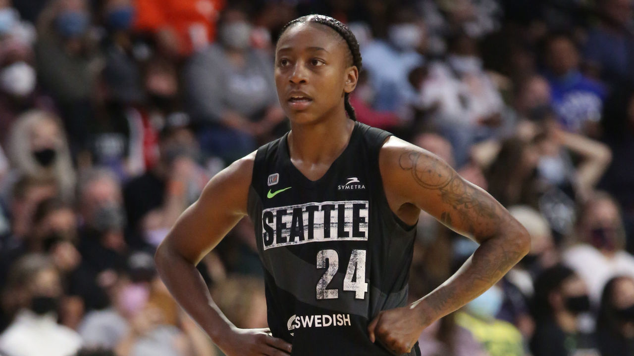 EVERETT, WA - SEPTEMBER 17: Jewell Loyd #24 of the Seattle Storm looks on during the game against the Phoenix Mercury on September 17, 2021 at the Angel of the Winds Arena, in Everett, Washington. Mandatory Copyright Notice: Copyright 2019 NBAE
