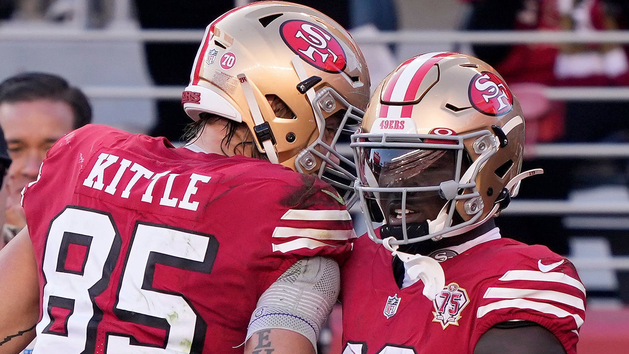 SANTA CLARA, CALIFORNIA - DECEMBER 19: Deebo Samuel #19 of the San Francisco 49ers celebrates with George Kittle #85 after rushing for a ten-yard touchdown against the Atlanta Falcons in the second quarter of the game at Levi's Stadium on December 19, 2021 in Santa Clara, California.