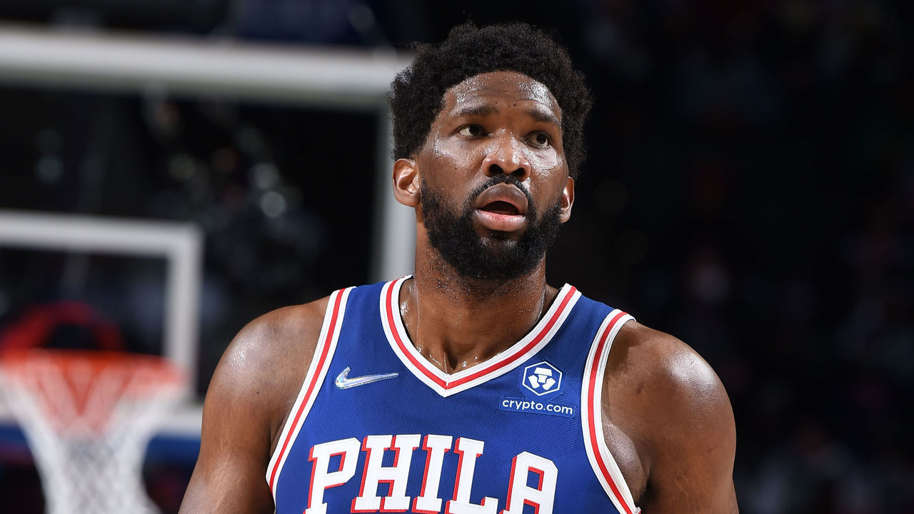 PHILADELPHIA, PA - JANUARY 14: Joel Embiid #21 of the Philadelphia 76ers looks on during a game against the Boston Celtics on January 14, 2022 at Wells Fargo Center in Philadelphia, Pennsylvania. NOTE TO USER: User expressly acknowledges and agrees that, by downloading and/or using this Photograph, user is consenting to the terms and conditions of the Getty Images License Agreement. Mandatory Copyright Notice: Copyright 2021 NBAE
