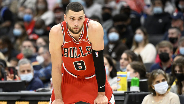 WASHINGTON, DC - JANUARY 01: Zach LaVine #8 of the Chicago Bulls rests during a break in the game against the Washington Wizards at Capital One Arena on January 01, 2022 in Washington, DC.