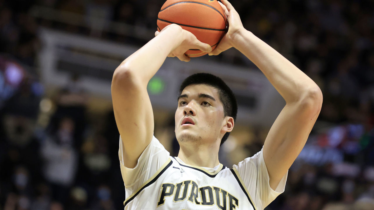 WEST LAFAYETTE, INDIANA - JANUARY 03: Zach Edey #15 of the Purdue Boilermakers shoots a free throw in the game against the Wisconsin Badgers at Mackey Arena on January 03, 2022 in West Lafayette, Indiana.