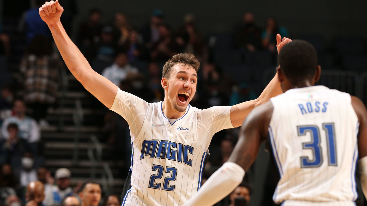 CHARLOTTE, NC - JANUARY 14: Franz Wagner #22 of the Orlando Magic celebrates during the game against the Charlotte Hornets on January 14, 2022 at Spectrum Center in Charlotte, North Carolina. Mandatory Copyright Notice: Copyright 2022 NBAE