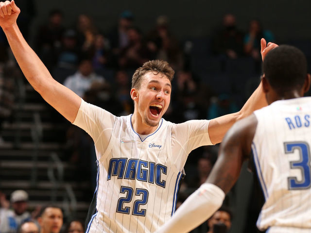 CHARLOTTE, NC - JANUARY 14: Franz Wagner #22 of the Orlando Magic celebrates during the game against the Charlotte Hornets on January 14, 2022 at Spectrum Center in Charlotte, North Carolina. Mandatory Copyright Notice: Copyright 2022 NBAE