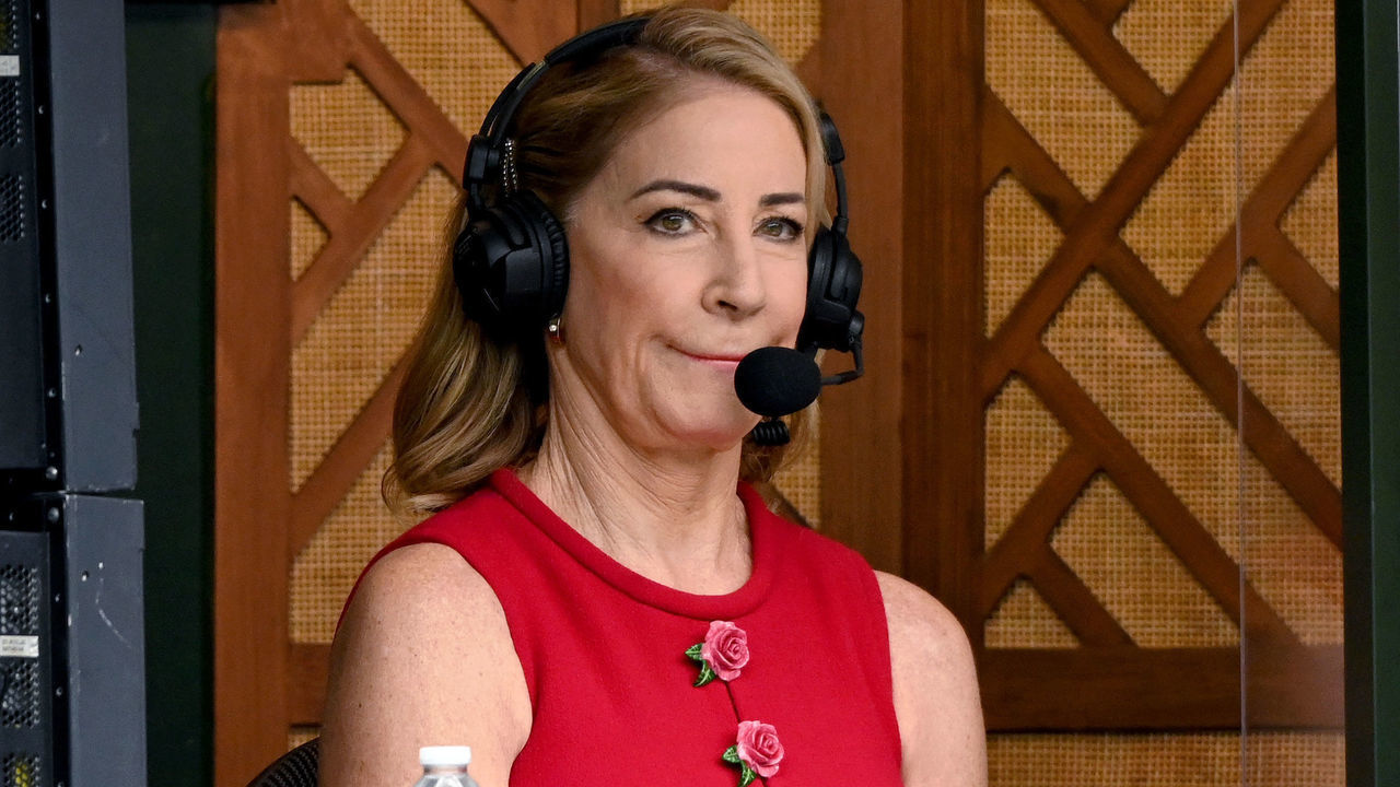 LONDON, ENGLAND - JULY 08: Chris Evert commentates on day 10 of the Wimbledon Tennis Championships at the All England Lawn Tennis and Croquet Club on July 08, 2021 in London, England.