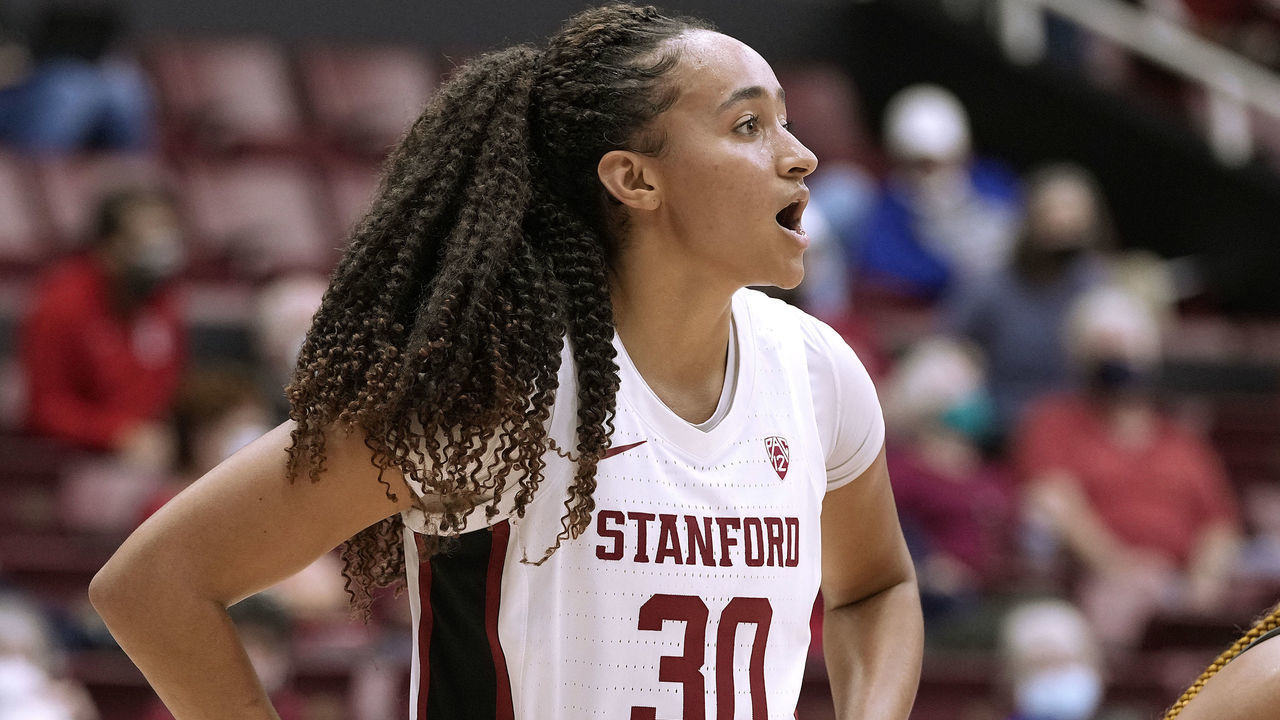 PALO ALTO, CALIFORNIA - NOVEMBER 11: Haley Jones #30 of the Stanford Cardinal looks on against the Morgan State Bears during the first half of an NCAA basketball game at Stanford Maples Pavilion on November 11, 2021 in Palo Alto, California.