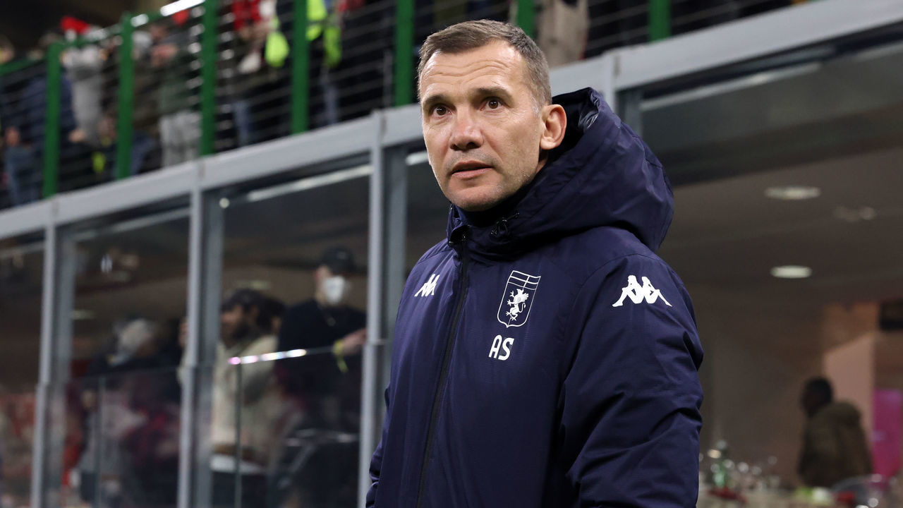 MILAN, ITALY - JANUARY 13: Andriy Shevchenko Head coach of Genoa CFC looks on prior to kick off in the Coppa Italia match between AC Milan and Genoa CFC at Stadio Giuseppe Meazza on January 13, 2022 in Milan, Italy.