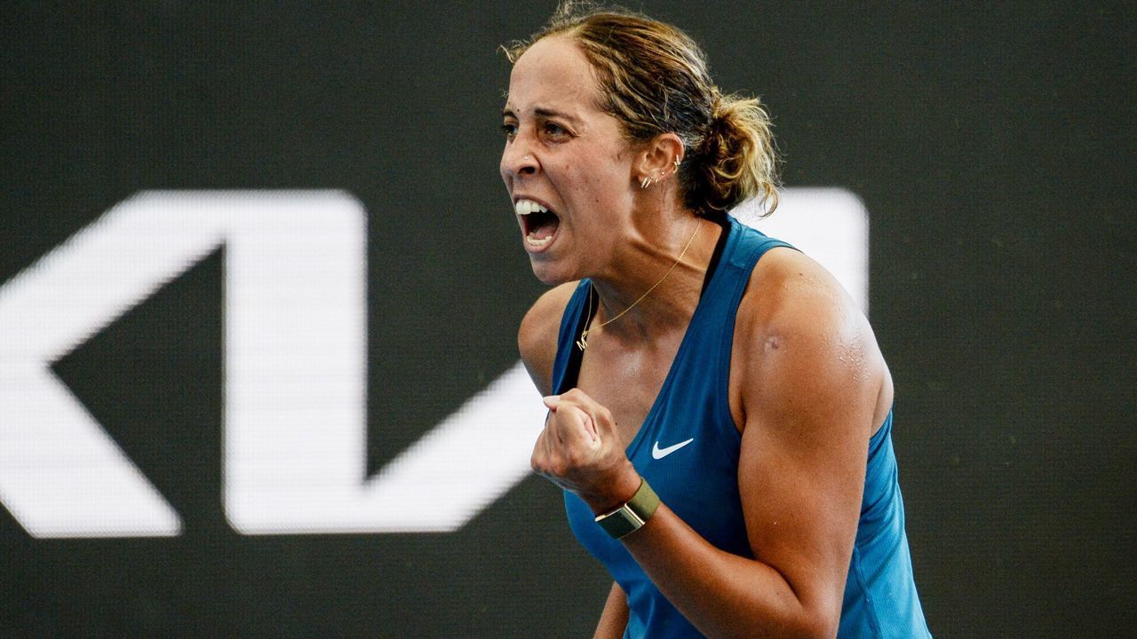 Madison Keys of the US reacts after winning against Alison Riske of the US in the women's singles final match at the Adelaide International WTA 250 tennis tournament in Adelaide on January 15, 2022. - -- IMAGE RESTRICTED TO EDITORIAL USE - STRICTLY NO COMMERCIAL USE --