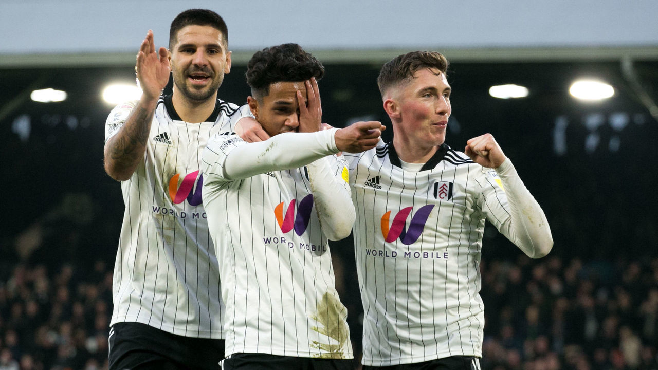 Fabio Carvalho of Fulham celebrates after scoring during the Sky Bet Championship match between Fulham and Bristol City at Craven Cottage, London on Saturday 15th January 2022.