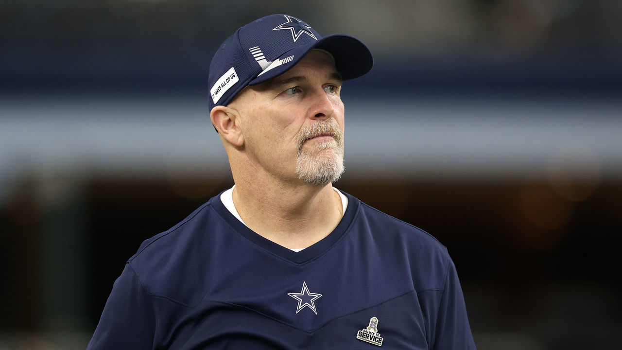 ARLINGTON, TEXAS - NOVEMBER 14: Defensive Coordinator of the Dallas Cowboys and former Atlanta Falcons head coach Dan Quinn looks on before the game against the Atlanta Falcons at AT&T Stadium on November 14, 2021 in Arlington, Texas.