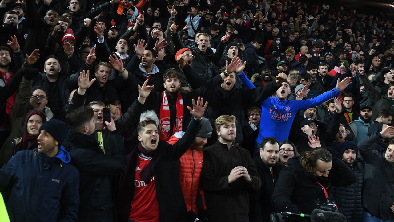 LIVERPOOL, ENGLAND - JANUARY 13: Arsenal fans after the Carabao Cup Semi Final First Leg match between Liverpool and Arsenal at Anfield on January 13, 2022 in Liverpool, England.