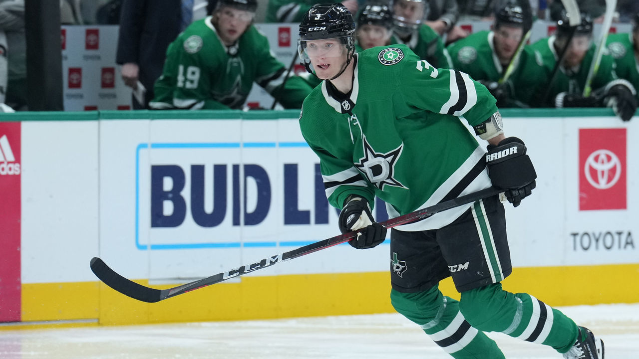 DALLAS, TX - JANUARY 12: John Klingberg #3 of the Dallas Stars skates against the Seattle Kraken at the American Airlines Center on January 12, 2022 in Dallas, Texas.