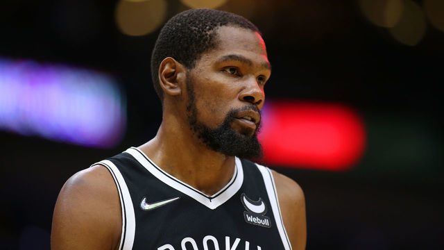 NEW ORLEANS, LOUISIANA - NOVEMBER 12: Kevin Durant #7 of the Brooklyn Nets reacts during a game against the New Orleans Pelicans at the Smoothie King Center on November 12, 2021 in New Orleans, Louisiana.