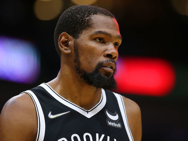 NEW ORLEANS, LOUISIANA - NOVEMBER 12: Kevin Durant #7 of the Brooklyn Nets reacts during a game against the New Orleans Pelicans at the Smoothie King Center on November 12, 2021 in New Orleans, Louisiana.