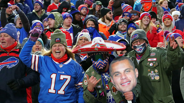ORCHARD PARK, NEW YORK - JANUARY 09: Buffalo Bills fans celebrate a touchdown against the New York Jets during the first quarter at Highmark Stadium on January 09, 2022 in Orchard Park, New York.