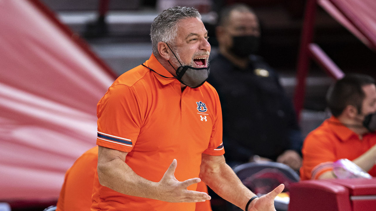 FAYETTEVILLE, ARKANSAS - JANUARY 20: Head Coach Bruce Pearl of the Auburn Tigers yells at his team during a game against the Arkansas Razorbacks at Bud Walton Arena on January 20, 2021 in Fayetteville, Arkansas. The Razorbacks defeated the Tigers 75-73.