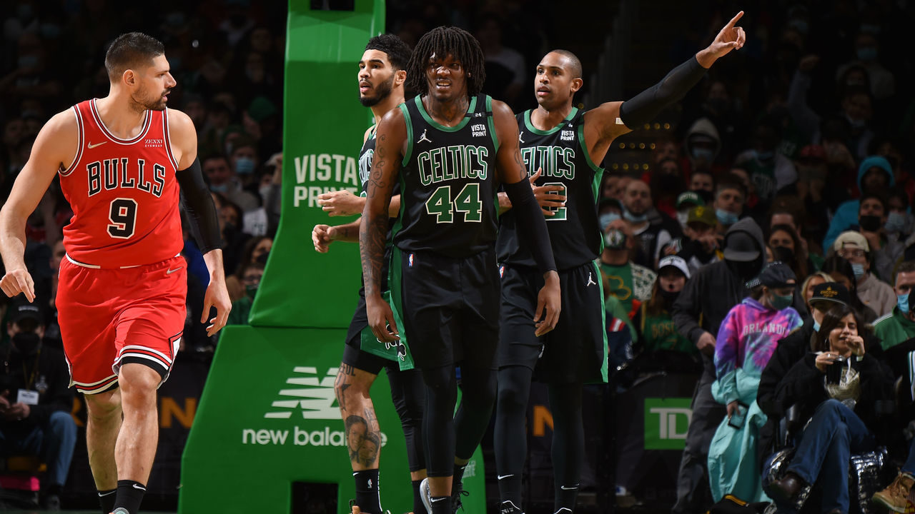BOSTON, MA - JANUARY 15: Robert Williams III #44 of the Boston Celtics reacts to a play during the game against the Chicago Bulls on January 15, 2022 at the TD Garden in Boston, Massachusetts. Mandatory Copyright Notice: Copyright 2022 NBAE