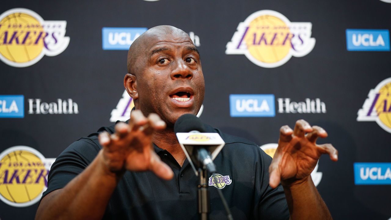 EL SEGUNDO, CA - SEPTEMBER 20: Earvin "Magic" Johnson discusses the upcoming Los Angeles Lakers' season at UCLA Health Training Center on September 20, 2018 in El Segundo, California.