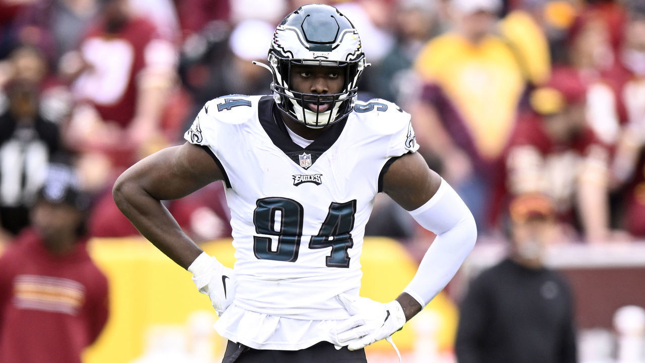 LANDOVER, MARYLAND - JANUARY 02: Josh Sweat #94 of the Philadelphia Eagles rests during a break in the game against the Washington Football Team at FedExField on January 02, 2022 in Landover, Maryland.