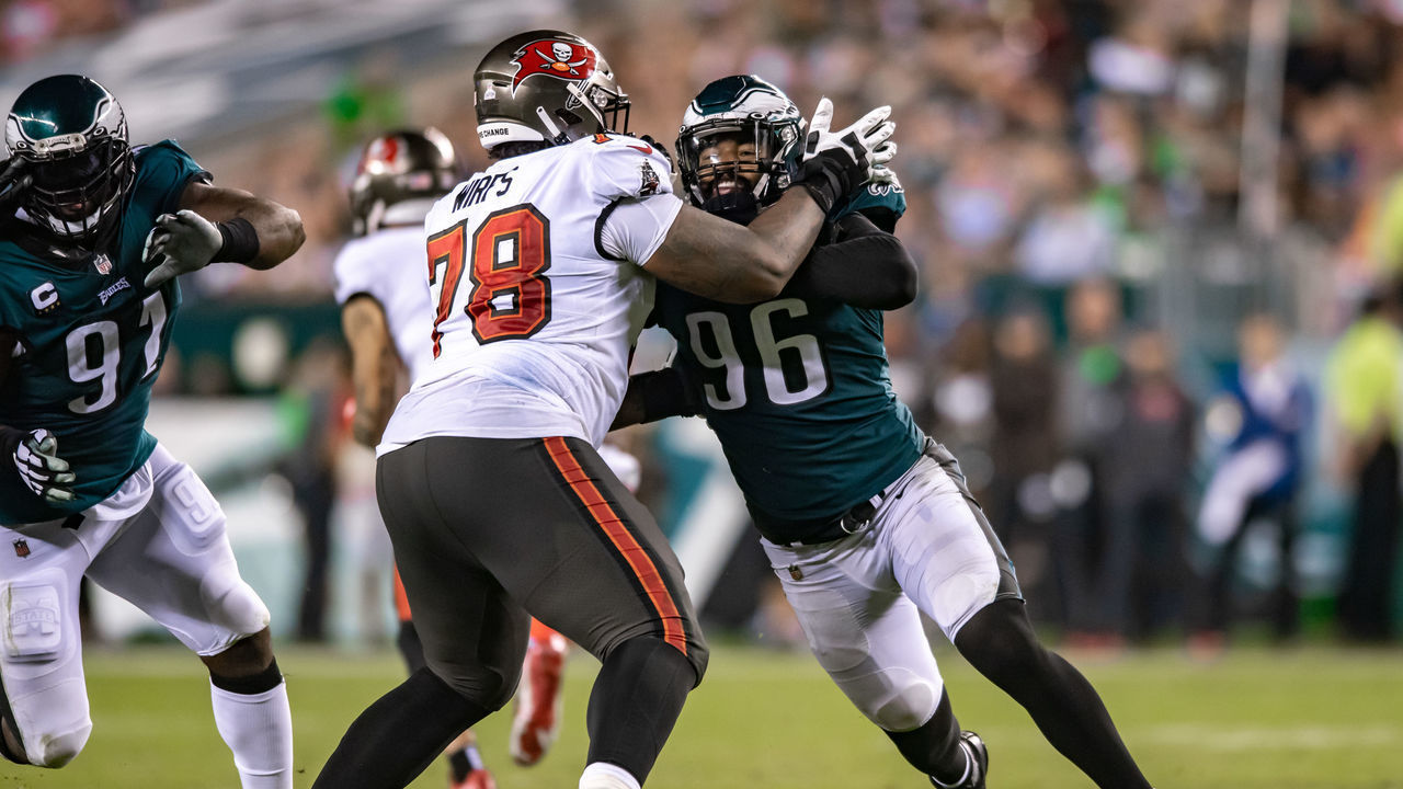 PHILADELPHIA, PA - OCTOBER 14: Philadelphia Eagles defensive end Derek Barnett (96) is blocked by Tampa Bay Buccaneers offensive tackle Tristan Wirfs (78) during the game between the Tampa Bay Buccaneers and Philadelphia Eagles on October 14, 2021 at Lincoln Financial Field in Philadelphia, PA.