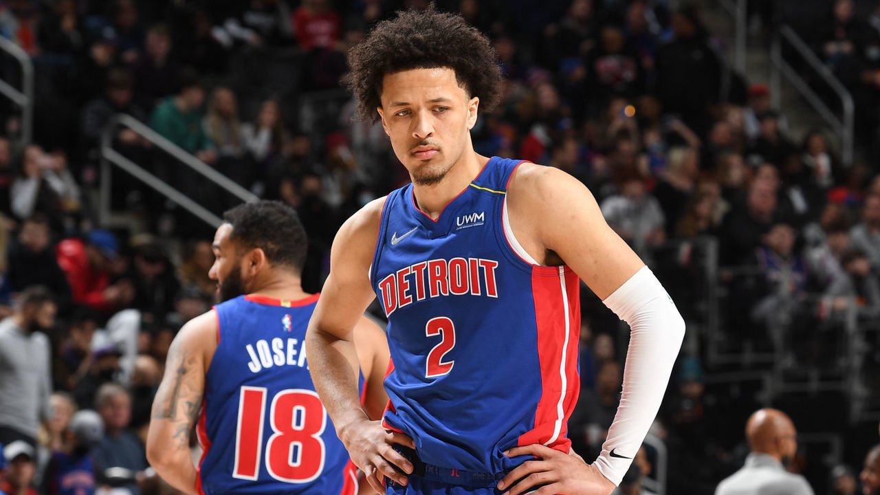 DETROIT, MI - JANUARY 16: Cade Cunningham #2 of the Detroit Pistons looks on during the game against the Phoenix Suns on January 16, 2022 at Little Caesars Arena in Detroit, Michigan. NOTE TO USER: User expressly acknowledges and agrees that, by downloading and/or using this photograph, User is consenting to the terms and conditions of the Getty Images License Agreement. Mandatory Copyright Notice: Copyright 2022 NBAE