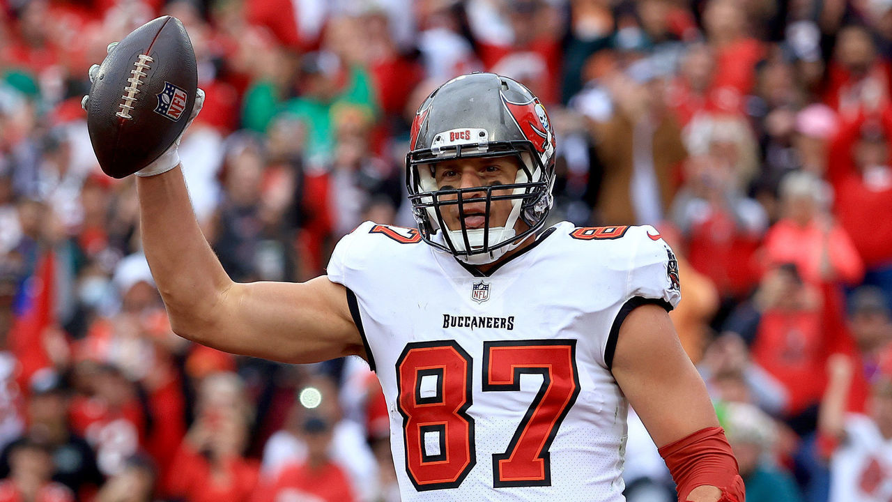 TAMPA, FLORIDA - JANUARY 16: Rob Gronkowski #87 of the Tampa Bay Buccaneers celebrates after scoring a touchdown against the Philadelphia Eagles during the third quarter in the NFC Wild Card Playoff game at Raymond James Stadium on January 16, 2022 in Tampa, Florida.