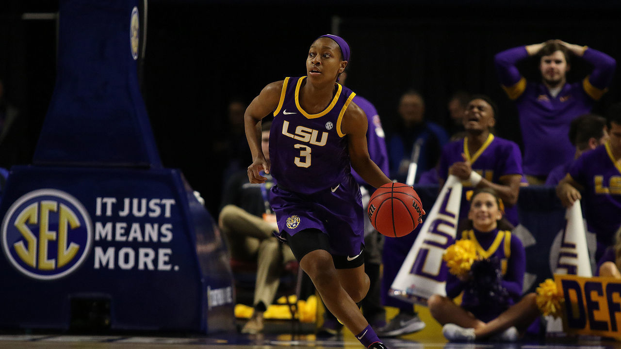 GREENVILLE, SC - MARCH 06: Khayla Pointer (3) of LSU during the SEC Women's College basketball tournament game between the LSU Tigers and the Mississippi State Bulldogs on March 6, 2020, at Bon Secours Wellness Arena in Greenville, S.C.