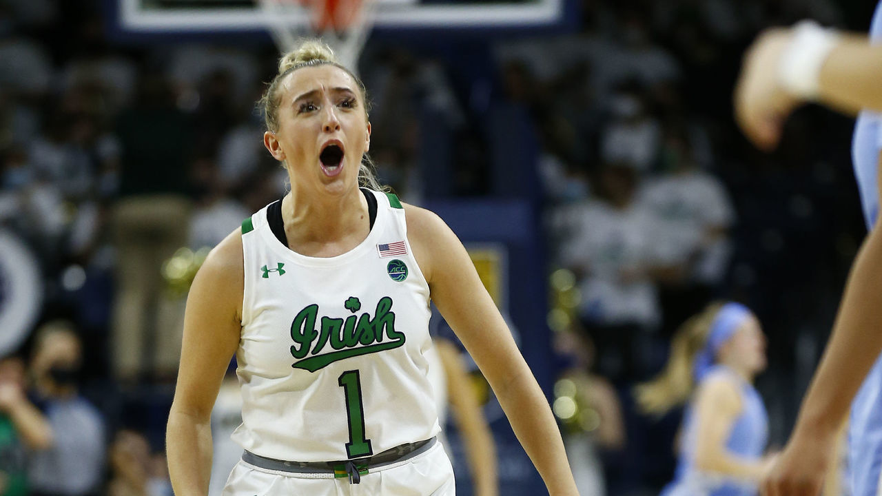 SOUTH BEND, IN - JANUARY 16: Notre Dame Fighting Irish guard Dara Mabrey (1) reacts after the play during a womens college basketball game between the North Carolina Tar Heels and the Notre Dame Fighting Irish on January 16, 2022 at Purcell Pavilion in South Bend, IN.