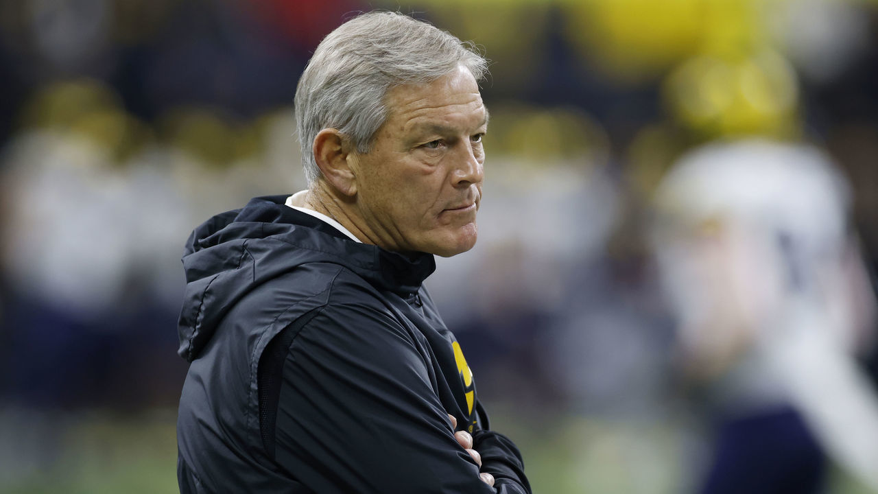 INDIANAPOLIS, IN - DECEMBER 04: Iowa Hawkeyes head coach Kirk Ferentz looks on prior to the Big Ten Championship college football game against the Michigan Wolverines on Dec. 4, 2021 at Lucas Oil Stadium in Indianapolis, Indiana.