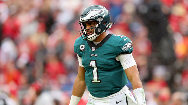 TAMPA, FLORIDA - JANUARY 16: Jalen Hurts #1 of the Philadelphia Eagles reacts against the Tampa Bay Buccaneers during the third quarter in the NFC Wild Card Playoff game at Raymond James Stadium on January 16, 2022 in Tampa, Florida.